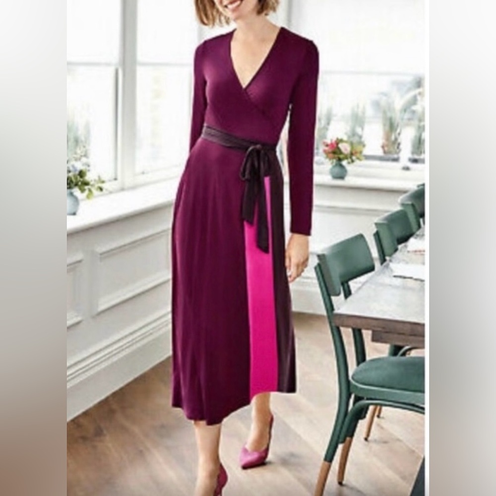 Boden Long Sleeve Color Block Wrapped Dress in Purple and Pink
